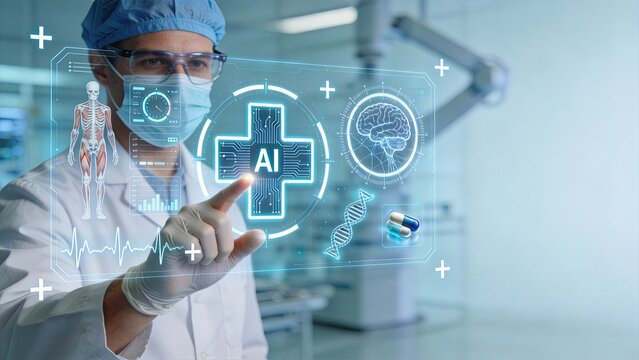 Surgeon interacting with artificial intelligence medical interface, futuristic healthcare technology concept, digital diagnosis and robotic surgery innovation, brain analysis and