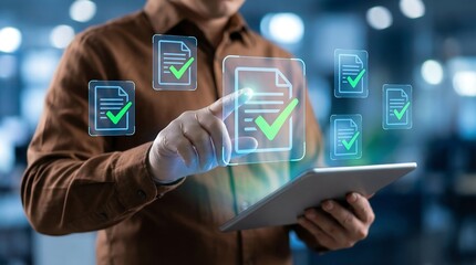 Fototapeta premium Businessman using tablet to manage digital documents with green checkmark approval icons floating in air representing efficient paperless office and workflow automation concept