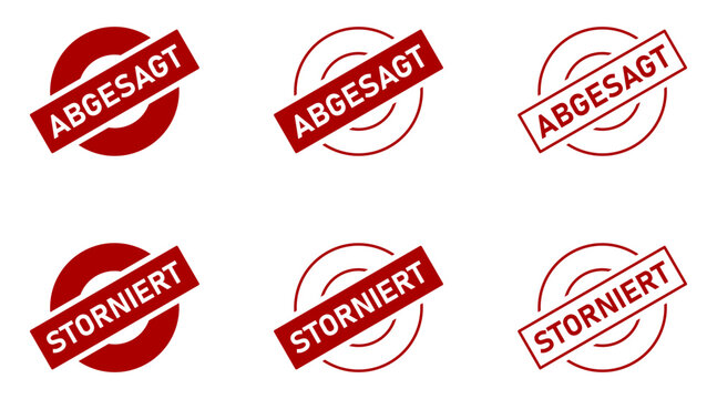 Abgesagt and Storniert (meaning Canceled in German) Rubber Stamp Style Red Badge Seal Sign Symbol Icon Set with a Rotation of 30 Degrees. Vector Image.