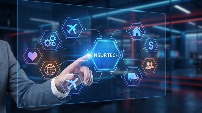 Professional man interacting with holographic insurtech interface displaying various industry icons for insurance technology and financial digital services management in modern office