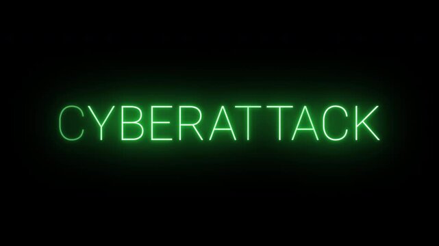 Flickering neon green glowing cyberattack sign animated black background.