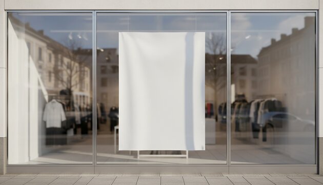 A storefront window with a blank poster for retail advertising mockup