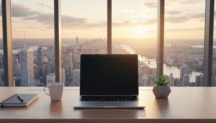 Fototapeta premium Blank laptop screen mockup on office desk with city view through glass windows at sunrise in clean minimalistic business workspace setup