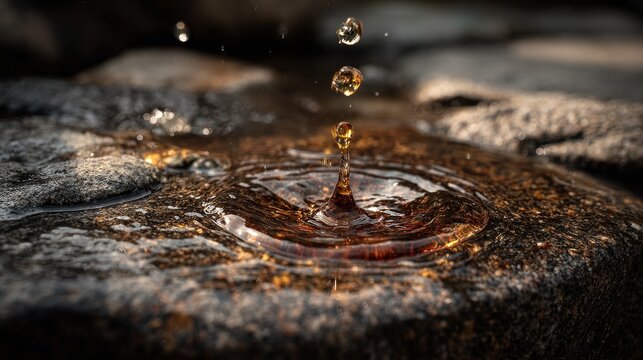 Korean-style artistic water droplets falling on stone surface in Maillard color tones, creating subtle dents and splashes, detailed natural textures with cinematic lighting and mood