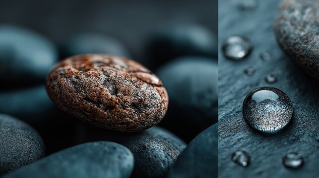 Korean-style artistic water droplets falling on stone surface in Maillard color tones, creating subtle dents and splashes, detailed natural textures with cinematic lighting and mood