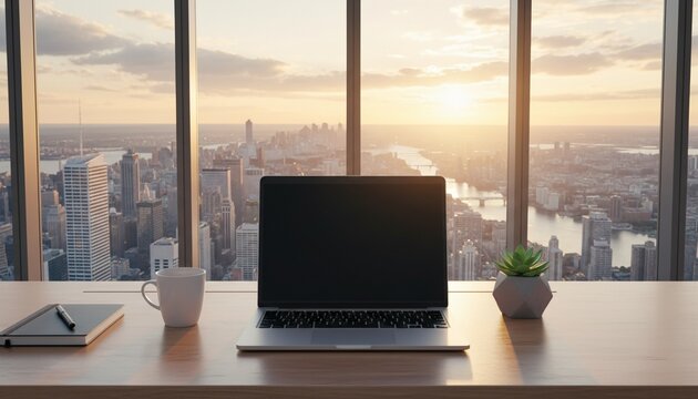 Blank laptop screen mockup on office desk with city view through glass windows at sunrise in clean minimalistic business workspace setup