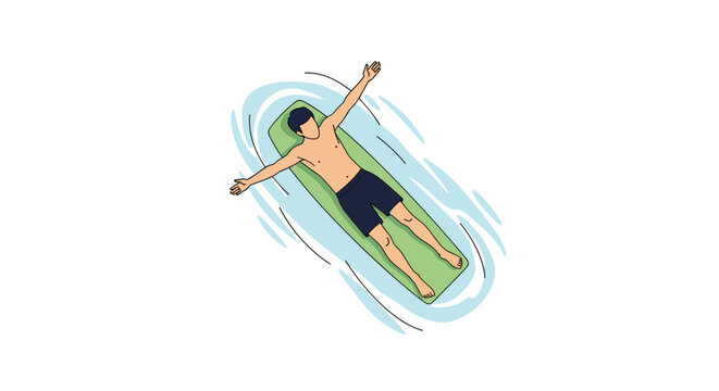 Man relaxes by floating on a green inflatable air mattress in the middle of a clear blue swimming pool on a hot summer day.