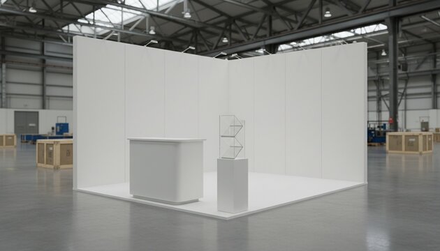 Blank tradeshow booth mockup with counter and brochure holder in large industrial hall setting ready for your design