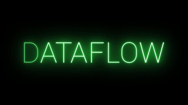 Flickering neon green glowing dataflow sign animated black background.