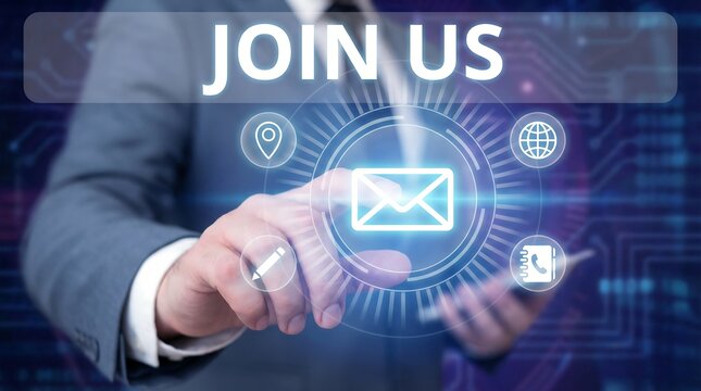 Professional hand touching digital interface with join us text and communication icons for recruitment networking and business partnership opportunities in modern digital landscape