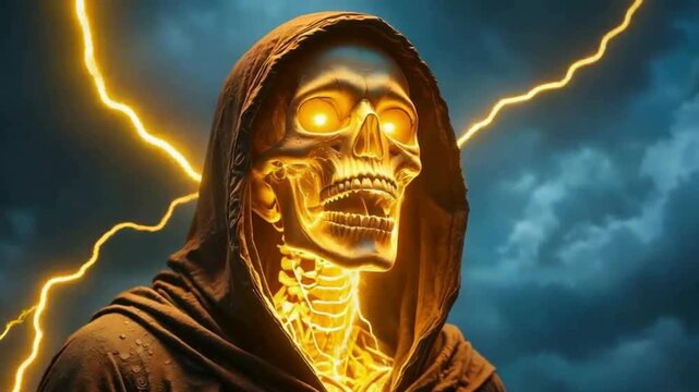 A glowing skeletal figure in a dark hooded cloak stands amid stormy skies, with electric lightning crackling around its skull and neck. halloween lighting video