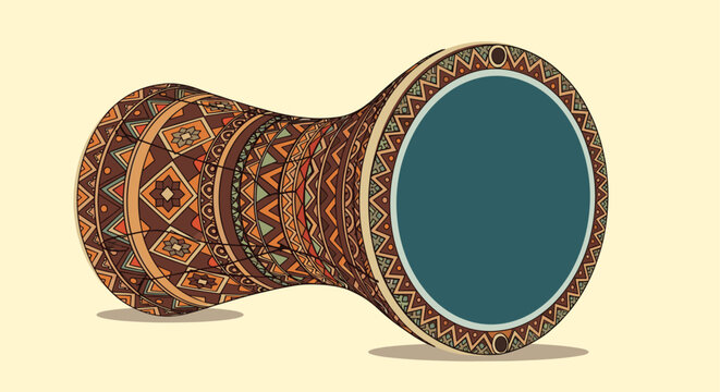 Traditional goblet drum known as a darbuka features complex geometric and floral patterns in warm tones, representing middle eastern music.