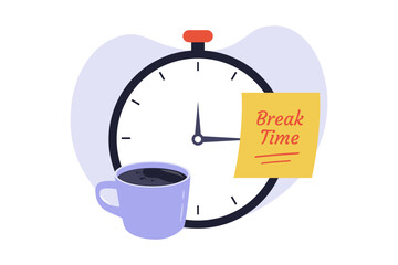 Obraz premium Illustration of Alarm Clock and Coffee Mug Break Time Icon. A minimalist conceptual graphic of a giant alarm clock with a hot coffee mug and a break time note.