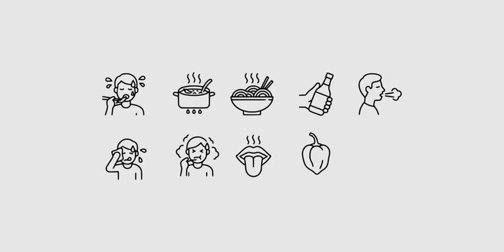 Icon set collection of spicy food challenges, highlighting sweating, reactions to heat, chili peppers, and intense dining sensation experiences.