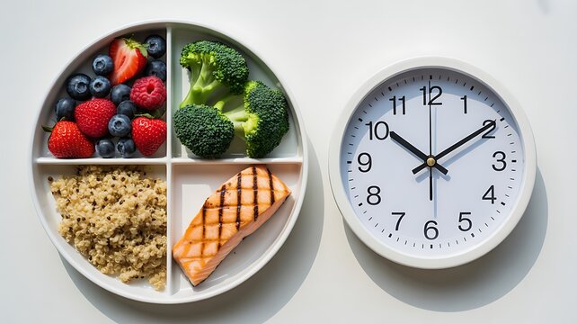 Healthy balanced diet concept with nutritious meal plate and clock representing time restricted eating lifestyle