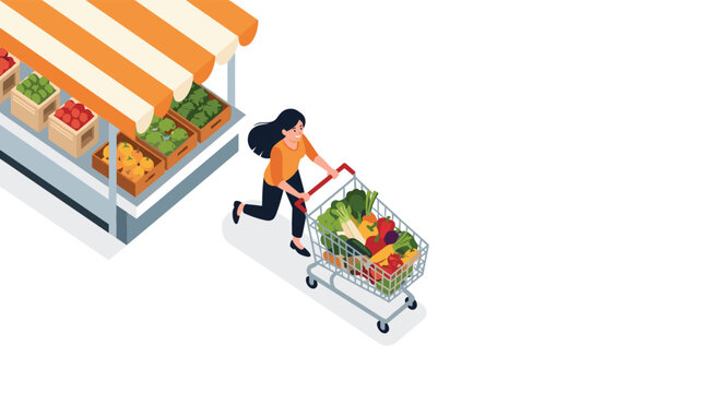 Energetic woman pushes a shopping cart of fresh vegetables past a market stall, promoting a healthy lifestyle and nutritious food choices.