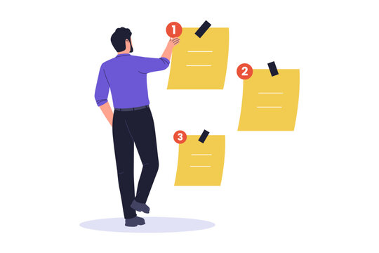 Illustration of Arranging Sticky Notes to Set Work Priority. A professional prioritizing tasks by arranging numbered yellow sticky notes on a virtual planning wall.
