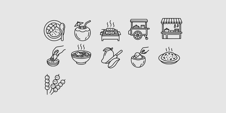 Icon set collection of tropical and street food delights, including coconut drinks, fresh fruit, skewers, and local market meals.
