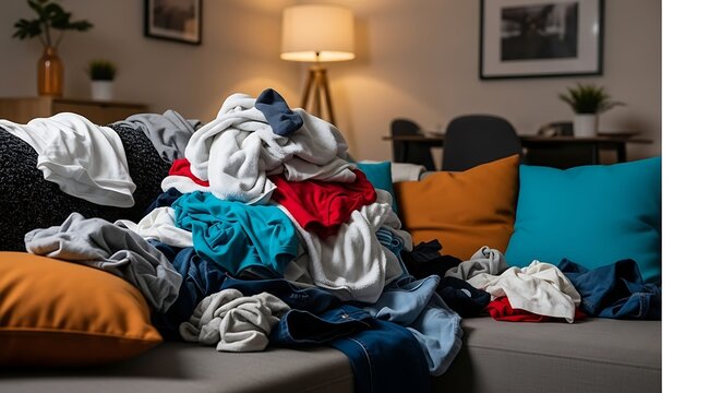 Clothes Pile ON Living Room Sofa.
