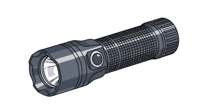 Professional black metal flashlight with a knurled grip is shown at an angle, representing essential equipment for camping and safety.