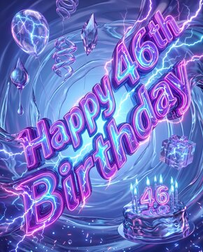 Futuristic Happy 46th Birthday Neon Illustration with Electric Lightning and Celebration Cake