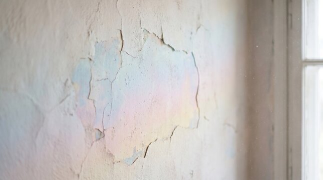 A close-up view of a damaged wall with peeling paint and cracks