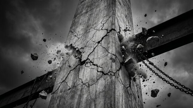 A weathered stone pillar with cracks is struck by a metal bar, shattering under the impact.