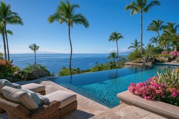 Fototapeta premium Infinity pool overlooking the turquoise ocean with tropical palm trees and sun loungers for luxury travel and hospitality marketing