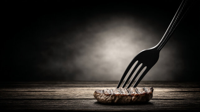 Single steak bite impaled on fork in dramatic lighting with delicious restaurant close up dramatic