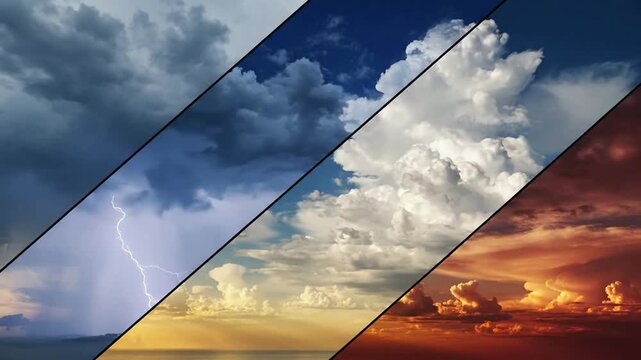 Four different types of clouds are shown in the sky with various weather.
