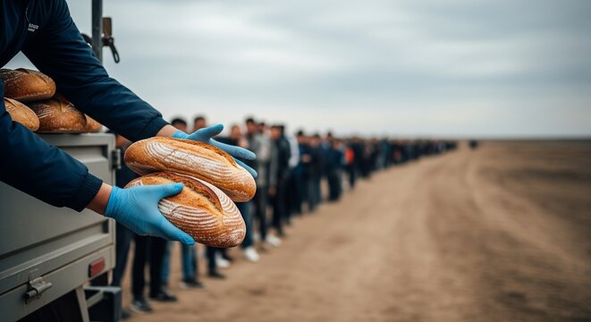 Volunteer handing out fresh bread to people waiting in a long queue outdoors