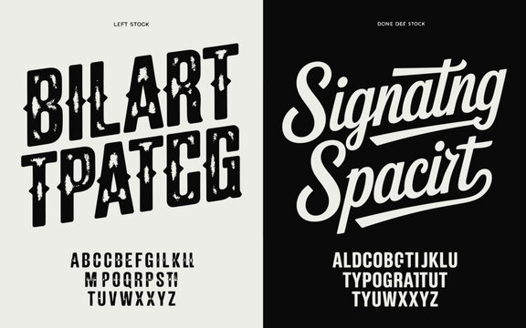 Bold typographic designs contrasting font styles and character examples displayed