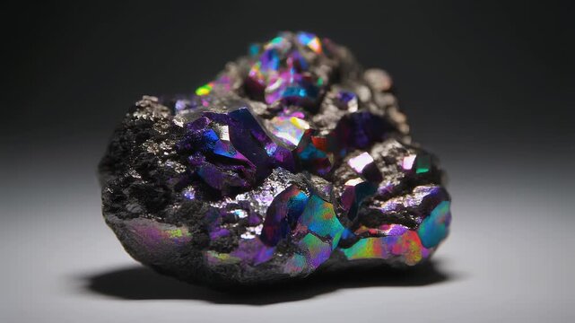 Macro photograph of an iridescent mineral specimen featuring metallic crystalline structures with vibrant purple blue and teal patterns and detailed geological textures.