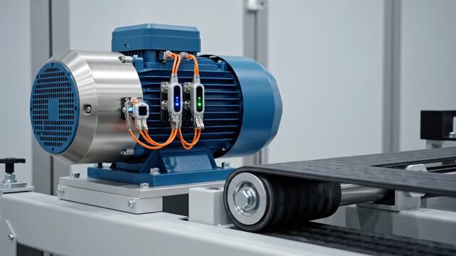 Industrial blue electric motor mounted on conveyor belt assembly.