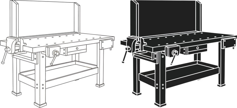 Carpentry Workbench with Vise Tools and Drawer Line Art Vector Illustration