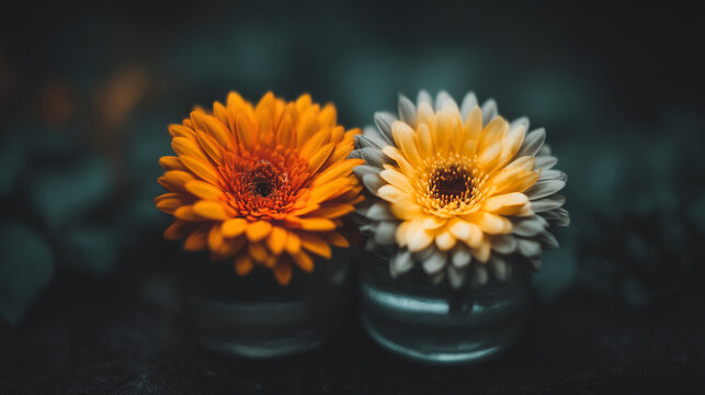 Close-up of two gerbera daisies orange and yellow against dark blurred background beauty in nature