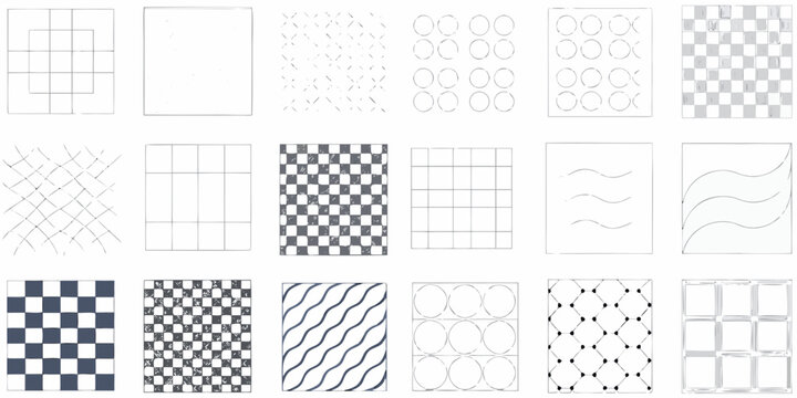 collection of ten geometric patterns with checkerboard wave and circle motifs on a white background