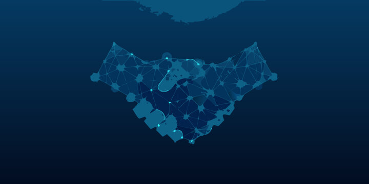 Blue low poly wireframe handshake with glowing nodes on a dark background