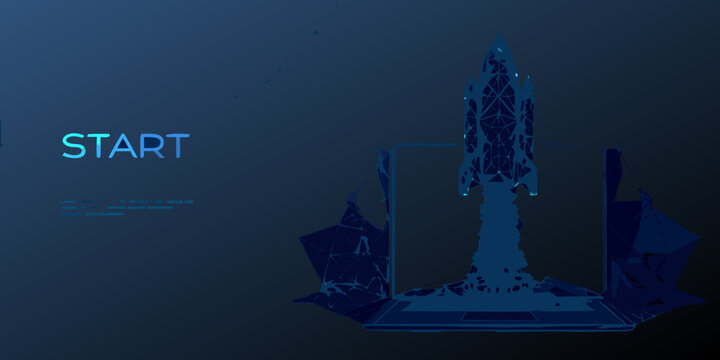 Blue wireframe rocket launching with a start button on a dark background