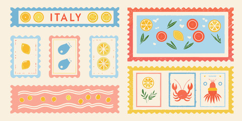 collection of vintage inspired postage stamps with italian themes and citrus fruit © Titul