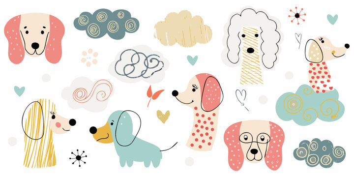 hand drawn dog breeds pattern with clouds and hearts colorful vector illustration