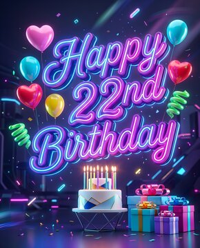 Neon Happy 22nd Birthday Illustration with Colorful Balloons Gifts and Celebration Cake
