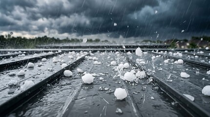 Hail falling on a dark metal roof during a severe storm © SUJIT