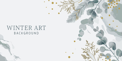 watercolor eucalyptus branches and pine needles with gold dots on white background © Titul