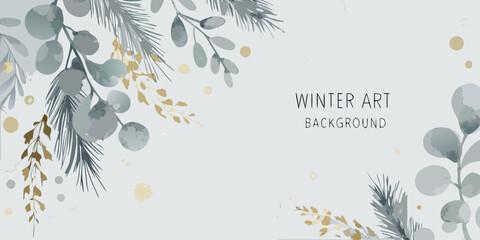 watercolor eucalyptus branches and pine needles with gold accents on a light gray background © Titul