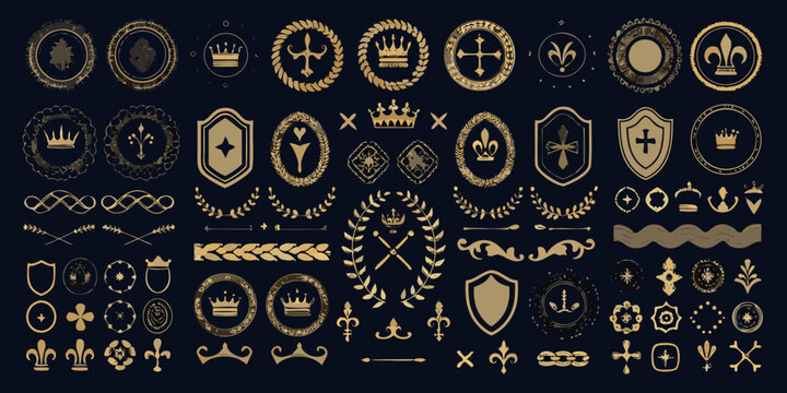 Collection of ornate gold heraldic emblems crowns shields and laurel wreaths vector illustration