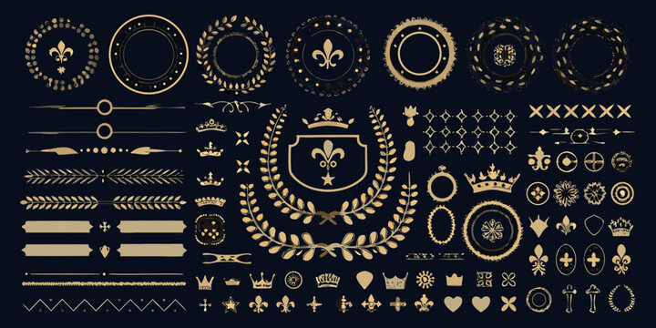Collection of ornate gold emblems crowns shields and laurel wreaths on a dark background