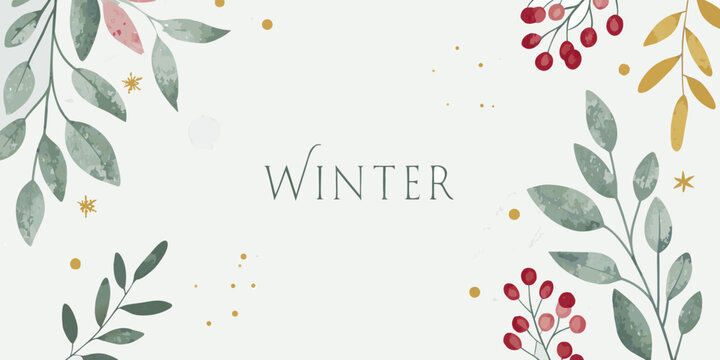 watercolor winter floral arrangement with leaves and berries on a white background
