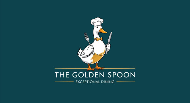Charming Golden Spoon Restaurant Logo with Chef Duck.