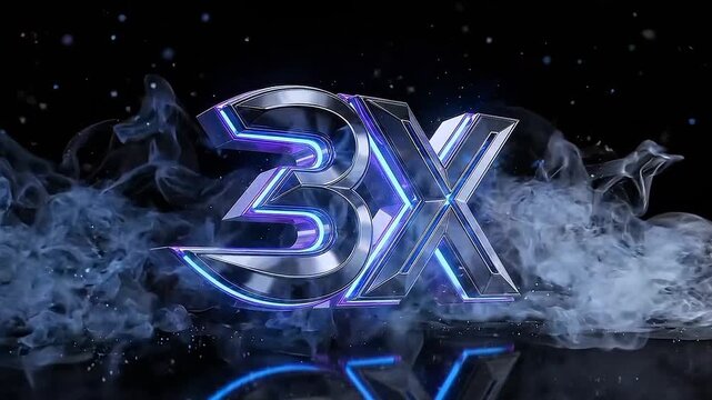 3X Metallic Chrome Logo with Sharp Edges and Intense Blue Neon Light Streaks
